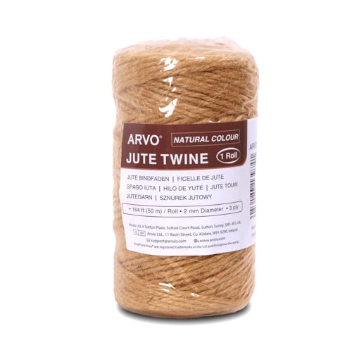 ARVO Natural Jute Twine, 50 m / 164 ft – 2 mm 3-ply Rustic Brown Garden Twine String for Crafts, Floristry, Gift Wrapping & Plant Tying