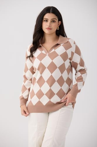 Image of CARCOS Plus Size Sweaters for Women Long Sleeve Pullover Sweaters Lapel Collared Vneck Knit Jumper Tops Fall Winter XL-5XL
