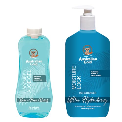 Australian Gold Moisture Lock Tan Extender (16 Fluid Ounce) and Aloe Vera Freeze Gel with Lidocaine (8 Fluid Ounce), Hydrating Body Lotion and Aloe Vera Gel for Skin (Pack of 2)