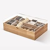 LIBKEN Wooden Tea Bag Organizer Box – 8 Compartment Tea Storage with Clear Lid – Minimalist Scandinavian Design – Versatile Wooden Tea Box for Tea Bags, Jewelry, Crafts, Office & Countertop Storage