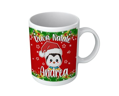 Puzzletee Tazza Natalizia Personalizzata con Nome – Pinguino Buon Natale tra Stelle, Merry Christmas Cup Simpatica per Colazioni Festive