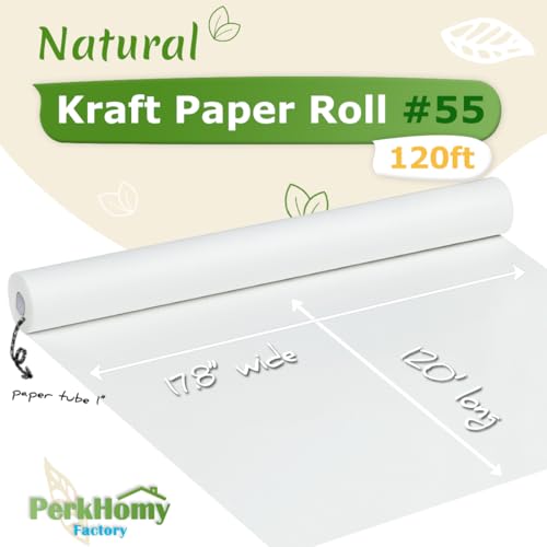 PerkHomy 17.8" x 1,440" (120') White Kraft Paper Roll for Craft Bulletin Board Paper Art Table Covering Crafting Gift Wrapping Bouquet Packing Parcel 80GSM 55LB (White, 17.8" x 120') - Thumbnail 2