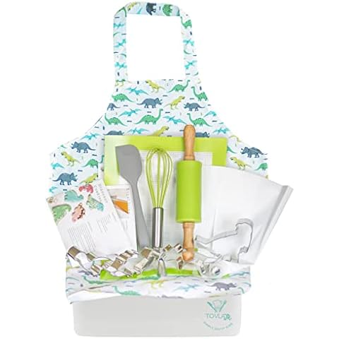 Tovla Jr. Kids Baking Gift Set with Storage Case - Cooking Kit for Children - Educational Baking Sets - Real Kid Baking Supplies with Decorating Tools Set with Apron… (Dinosaur) Cover