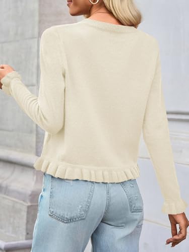Image of Saodimallsu Womens Ruffle Cardigan Sweaters Button Up Crew Neck Long Sleeve Cropped Sweater Cute Soft Knit Tops