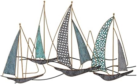 Edeco 3D Metal Ship Wall Décor, Metal Sailboat Wall Sculpture Nautical Décor, Handmade Boat Hanging Ornament Home Decoration (Blue and Grey)
