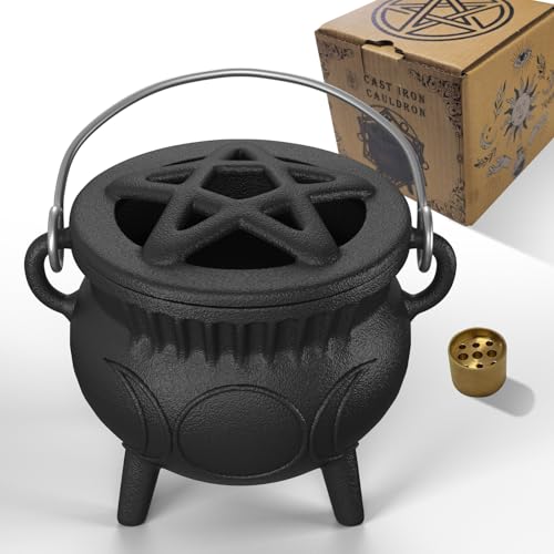 Aurionix Triple Moon Cast Iron Cauldron with Handle -Mini Cast Iron Cauldron for Cooking, Pre-Seasoned, Candle Holder Rituals & Decoration, Ideal for Incense Burning, Smudging