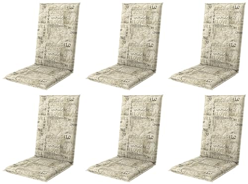 Gardissimo 6er Set Hochlehner 8613 beige grau mit Schrift, Gartenstuhlauflagen 120 x 50 x 8 cm Auflagen Polsterauflagen UV-Lichtecht Stuhlauflagen Sitzauflagen