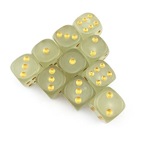 SmartDealsPro 10-Pack D6 Six Sided Glow in The Dark Dice Die for DND, MTG, RPG, Tenzi, Farkle, Yahtzee, Bunco, Teaching Math, Table Board Game (16mm Golden dots（10pcs）) - Thumbnail 2