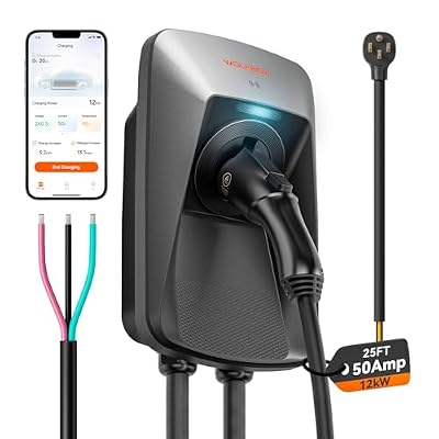 WOLFBOX Level 2 EV Charger 50 Amp J1772,Hardwired EV Charger Level 2 with NEMA 14-50 Plug 25ft Cable,Indoor/Outdoor,Smart APP&RFID Card Control,240V Electric Car Charger for Electric Automobile(WE50)