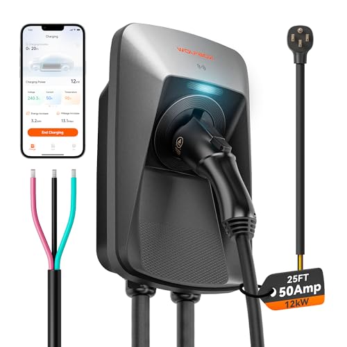 WOLFBOX Level 2 EV Charger 50 Amp J1772 Hardwired EV Charger Level 2 with NEMA 14-50 Plug 25ft Cable Indoor/Outdoor Smart APP&RFID Card Control 240V Electric Car Charger for Electric Automobile(WE50)