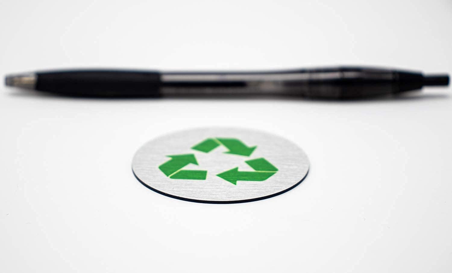 2" Round, Metal Recycle Signs | Recycle Bin Marker | Sign for Recycling Basket | Brushed Silver Aluminum with Green Recycle Symbol | Signs for Sustainability