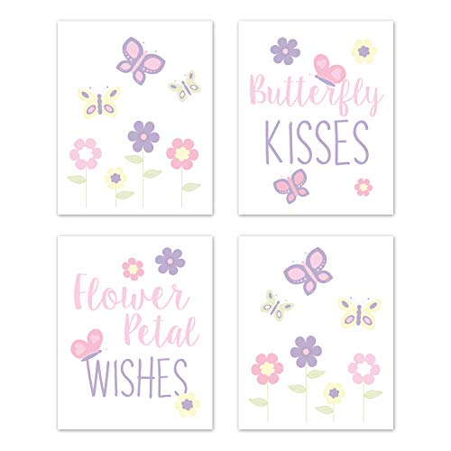 Image of Sweet Jojo Designs Butterfly Wall Art Prints Room Decor for Baby, Nursery, and Kids - Set of 4 - Pink and Purple Floral Flower Garden Kisses and Wishes