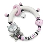 Baby Greifling Beißring halbrund mit Namen - Holz Lernspielzeug personalisiert als Geschenk zur Geburt Taufe - Mädchen Motiv Fuchs und Herz in rosa