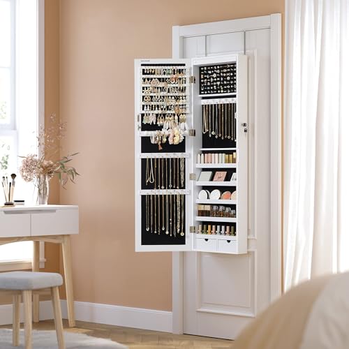 Songmics UJJC93W 6 Leds Mirror Jewelry Cabinet, 47.2-Inch Tall Lockable Wall Or Door Mounted Jewelry Armoire Organizer With Mirror, 2 Drawers, 3.9 X 14.6 X 47.2 Inches, White Ujjc93W thumb #7