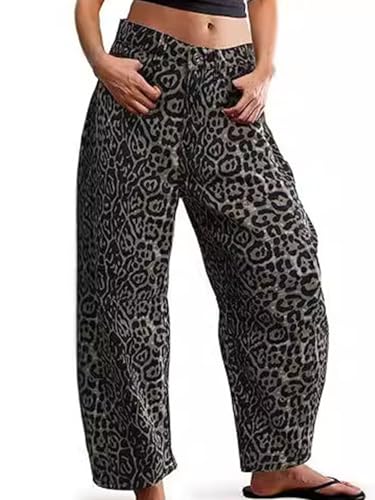 Women's Mid Rise Barrel Jeans Casual Boyfriend Wide Leg Leopard Printed Baggy Denim Ankle Pants
