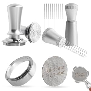 Coffee Tamper 58mm, Espresso Tamper Set with WDT Tool, 58mm Dosing Funnel, Puck Screen 58mm, Spring-Loaded Tamper Flat Stainless Steel Base Compatible with Espresso Coffee Machine