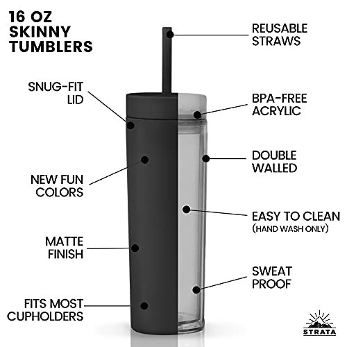 Skinny Tumblers (12 Pack) Matte Pastel Colored Acrylic Tumblers With Lids And Straws | 16Oz Double Wall Plastic Tumblers With Free Straw Cleaner! Reusable Cup With Straw | Vinyl Diy Gifts (Black) #TOP1