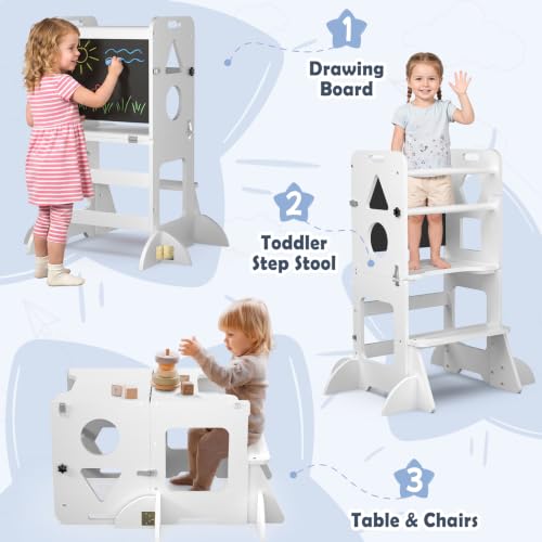 Image of Toddler Standing Tower Anti-Tip Wooden Kitchen Step Stool Helper，White