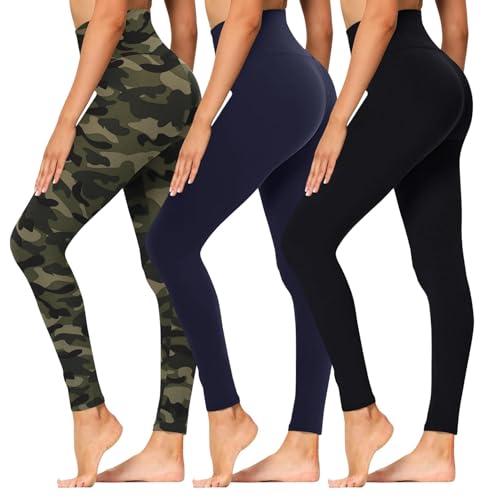 High Waisted Leggings for Women - Soft Athletic Tummy Control Yoga Pants for Cycling Dance Tights No Pockets Small-Medium 3 Pack Black, Navy Blue, Camouflage