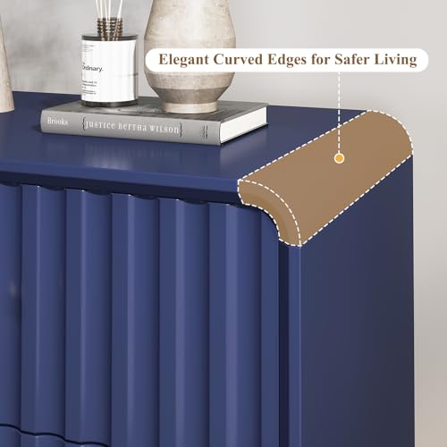 Image of HLR Night Stand Set of 2, Fluted Modern Bedside Table with 2 Drawers, Blue