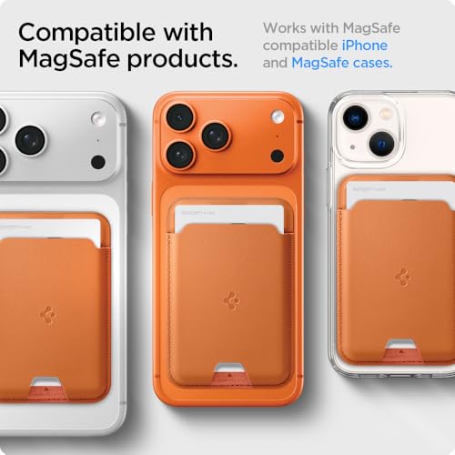 Image of Spigen for MagSafe Wallet, Holds 3 Cards, MagFit Compatible with iPhone 17 /16 /15 /14 /13 /12 Models, Pixel 10 Series, MagSafe-Cases, Pixelsnap and More, Card Holder - PU Metalic Orange (3-Cards)