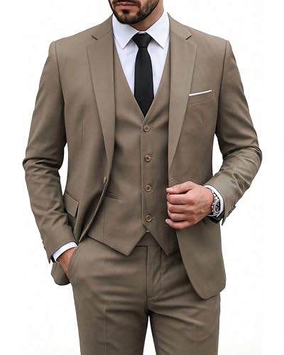 Image of MY'S Men's 3 Piece Suit Set with Tie, One Button Slim Fit Solid Jacket Vest Pants, Prom Party Wedding Business Suits for Men
