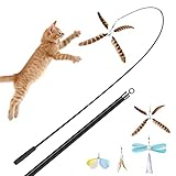 uahpet katzenspielzeug Versenkbare Interaktive Katzenangel 150cm Sicherer Jagdabstand mit 4 Natürliche Federn katzen Zubehör,Unterschiedliche Sinneserfahrungen Regen die Jagdlust der Katze an.