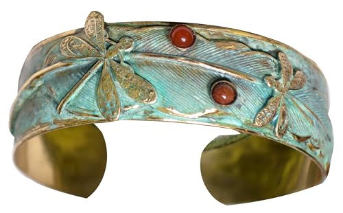 Elaine Coyne Dragonflies on Feather Wearable Art Cuff Bracelet - Semi-Precious Stones