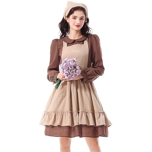 Vestido colonial de flores con delantal y capó ajustable estilo pradera 2