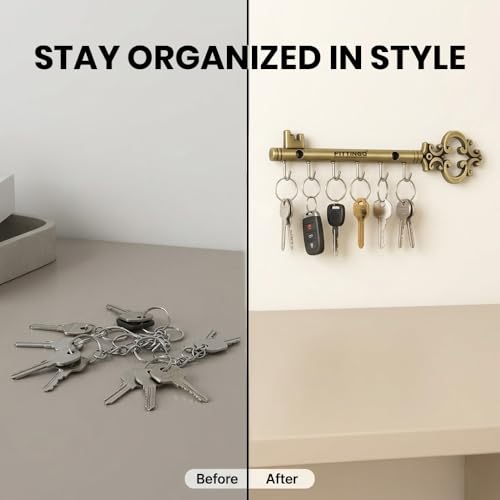 Image of Royal Chavi Key Holder for Wall, Brass Antique Chabi Shape Key Stand with 6 Hooks, Metal Wall Mount Key Hanger, Decorative Key Rack for Home Entrance Living Room, Housewarming Gift 23x5 cm