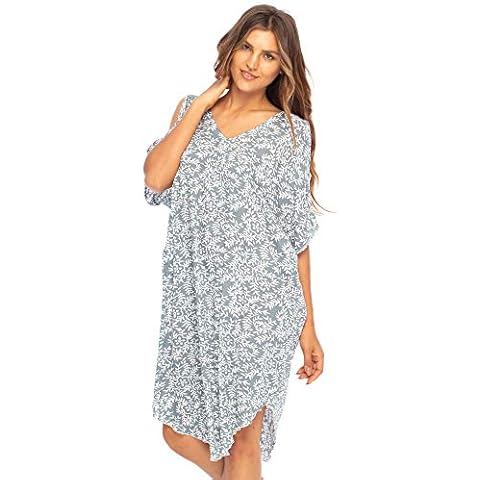 Back From Bali Womens Cold Shoulder Dress Beach Cover Up Casual Short Sleeve Floral Tunic Sundress - Grey - One Size Cover