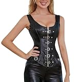 Zanisouta Corsage - Corsetto da donna Steampunk, corpetto gotico, in pelle laccata, stile vintage, corpetto in finta pelle, con corpetto e corpetto, O nero., L