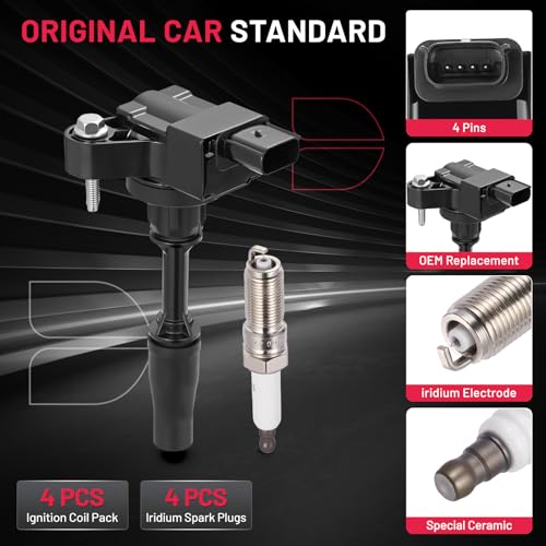 Image of BDFHYK 4 Ignition Coil Pack UF680 and 4 Iridium Spark Plug 94489 Compatible with Envision Regal Regal Sportback Regal TourX ATS CT6 CTS Camaro Equinox Malibu Traverse Terrain Coil for 5C1884 C1827