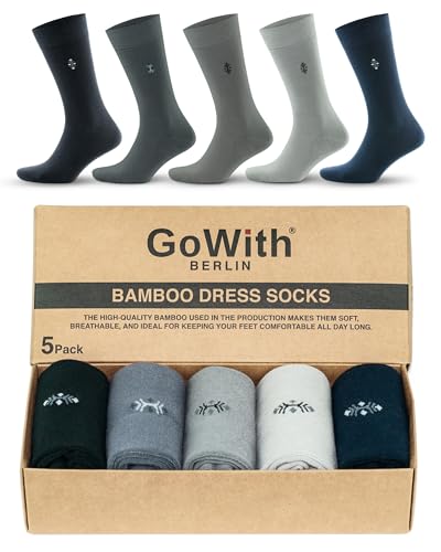 GoWith 5 stuks premium bamboe sokken van cellulose (viscose), naadloos, elastisch, comfortabele tailleband, herensokken, Elegance Bamboo sokken voor business en vrije tijd, ademend en vochtregulerend,