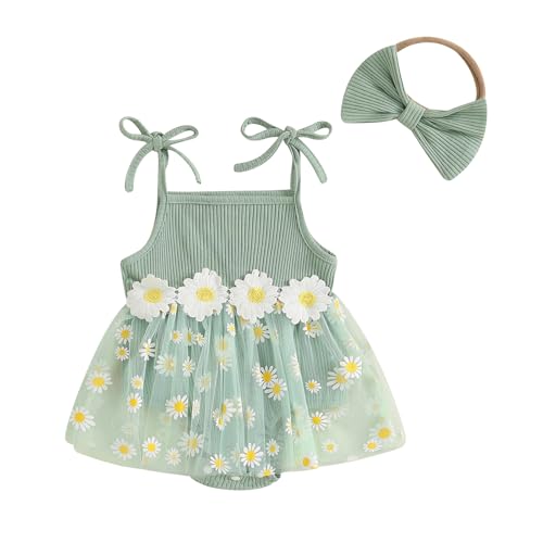 ITFABS Baby Girl Clothes Daisy Ribbed Bodysuit Sleeveless Romper Dress Summer Outfit for Girls Newborn 3 6 9 12 18 Months (Green, 0-3 Months)
