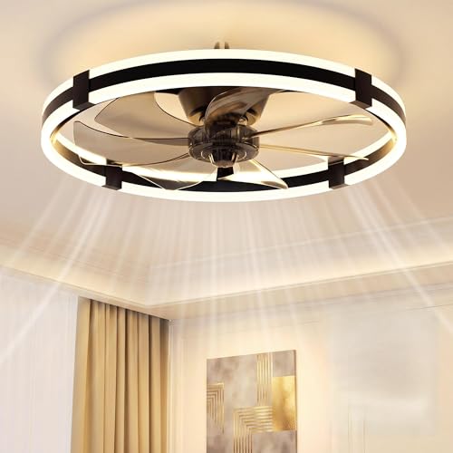 Image of SUNKENET Ceiling Fans with Lights and Remote, 60cm LED Ceiling Fan Light, 3000K-6500K Dimmable Smart Fan Ceiling Light, 6 Wind Speeds & Reversible, Black Queit Fan Light Ceiling for Bedroom
