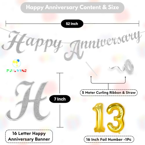 Image of Flyloons 13th Happy Anniversary Banner Silver Decorations Kit for Men Women Wedding Anniversary Banner Items without Balloons