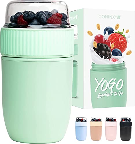 Coninx Porta Yogur - Taza para Llevar - Vaso Cereales - Bol para Cereales sin BPA con Tapa - Vaso de Cereales apto para Adultos y Niños - 640 ml de Capacidad (Verde Cover