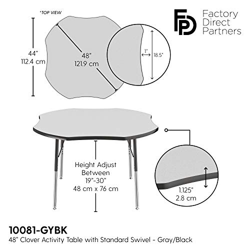 Image of FDP Clover Activity School and Office Table (48 x 48 inch), Standard Legs with Swivel Glides for Collaborative Seating Environments, Adjustable Height 19-30 inches - Gray Top and Black Edge