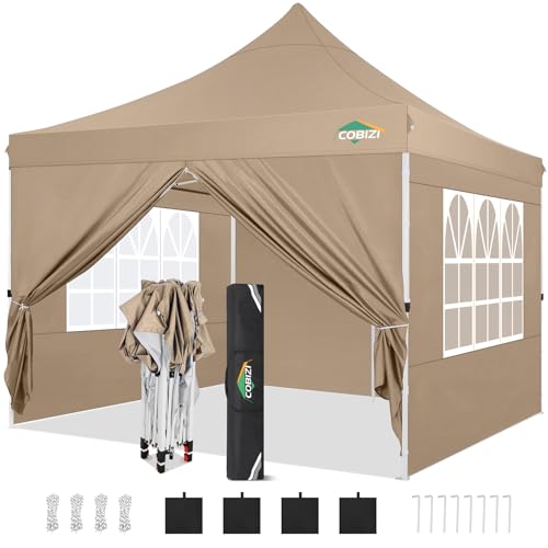 Image of COBIZI 10x10 Pop Up Canopy with 4 Sidewalls, Pop up Tent 10x10 for Parties, Backyard, Commercial, Waterproof and Portable Instant Shelter UV50+ Ez Outdoor Canopy Gazebo with 4 Sandbags