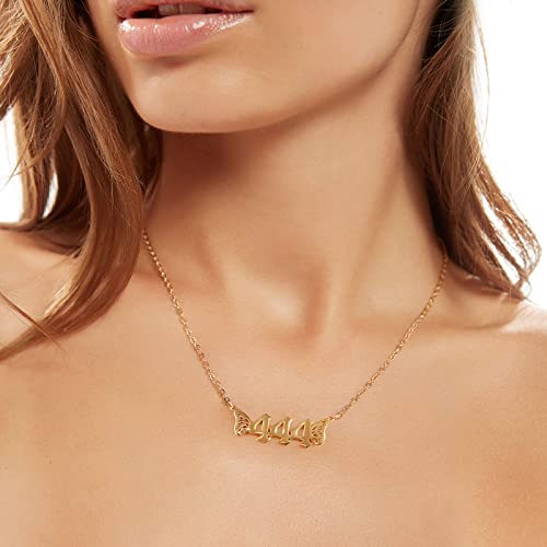 Angel Number Necklace For Women, 18K Gold Plated 111,222,333,444,555,666,777,888,999 Butterfly Wings Pendants Choker Numerology Jewelry (444) #TOP1