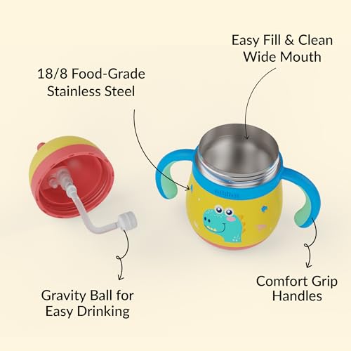 Image of rabitat Gravity EasyFlow Personalized Stainless Steel Sippy Cup 390 ml | 2 Years Brand Warranty | Leak Proof | BPA Free Soft Silicone Straw | Sippy Cup for Kids with Weighted Straw, Dino Dash