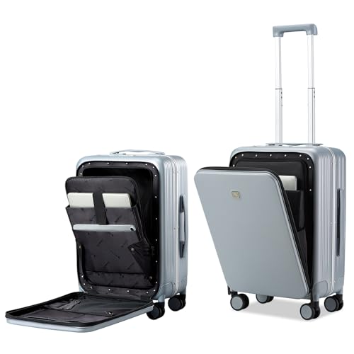 Hanke Grace Hard Shell Suitcases with Wheels,20 Inch Carry On Luggage Airline Approved with Aluminum Frame, Travel suitcase with Front Pocket Travel Luggage for Short Business Trips, Grey.