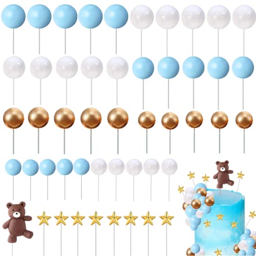 51 Pcs Bear Cake Topper Mini Balloon Cake Topper Colorful Foam Balls Pearl Ball Star Shaped Cake Toppers For Baby Shower Birthday Party Wedding Anniversary Cake Decorations (Blue, White, Gold) #TOP26