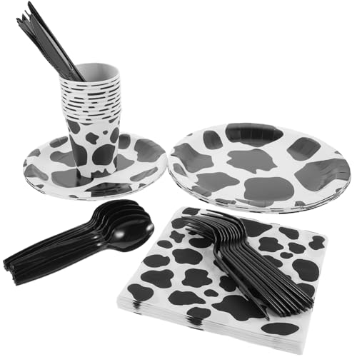 WHAMVOX 1set Cow Theme Tableware Set Includes Paper Plates Cups Napkins for Boys and Girls Birthday Party for Farm Animal Celebrations