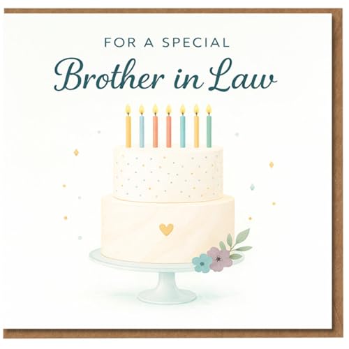 Tarjeta de cumpleaños para cuñado, para un cuñado especial, elegante pastel de dos niveles con velas pastel, puntos de confeti y detalle de corazón