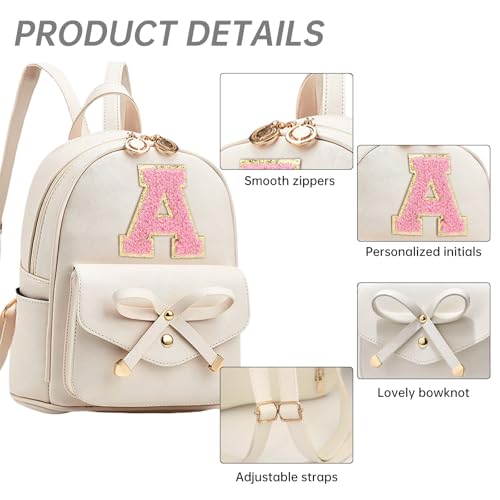 Image of Initial Cute Mini Backpack for Women, Bowknot Small Backpack Purse Personalized Letter Style Travel Leather Backpack Shoulder Bag, White (Letter A)