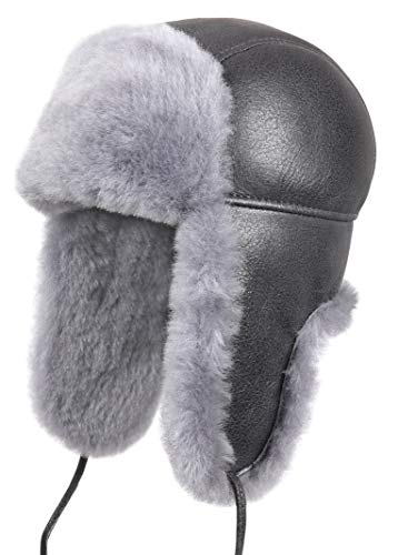 Image of Leather Aviator Shearling Ushanka Trapper Hat Russian Sheepskin Cap Real Fur Winter Hat with Ear Flaps for Men Women