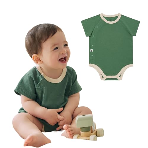 [Konny] Newborn コットンメッシュボディスーツ あせもの心配ゼロ 夏服 の着心地、通気性 カバーオール 敏感な肌にもOK! 綿100% 柔らかい素材 半袖 新生児 アボカドグリーン 80cm