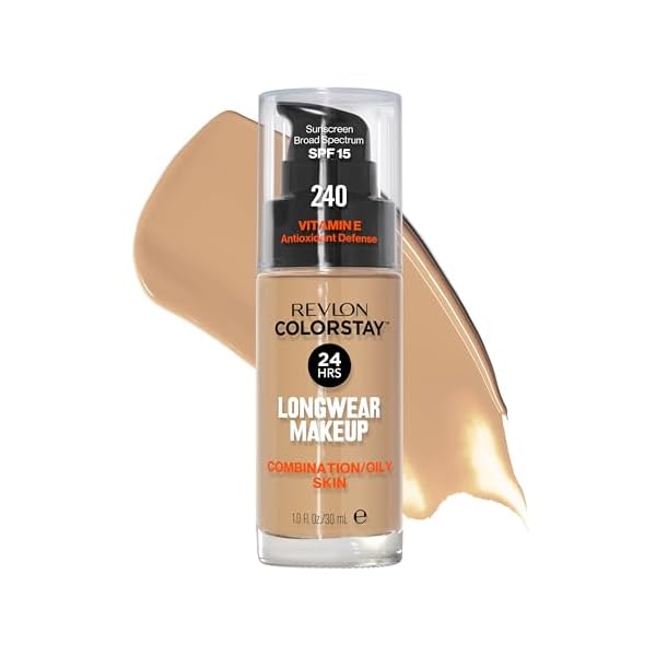 Revlon Liquid Foundation, ColorStay Face Makeup for Combination & Oily Skin, SPF 15, Medium-Full Coverage with Matte Finish, 240 Medium Beige, 1 Fl Oz